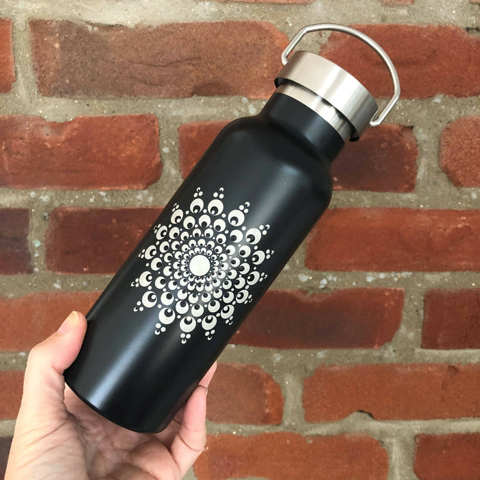 Hand Painted Dot Mandala Thermal Infuser Flask: Cobblestone Grey with black
