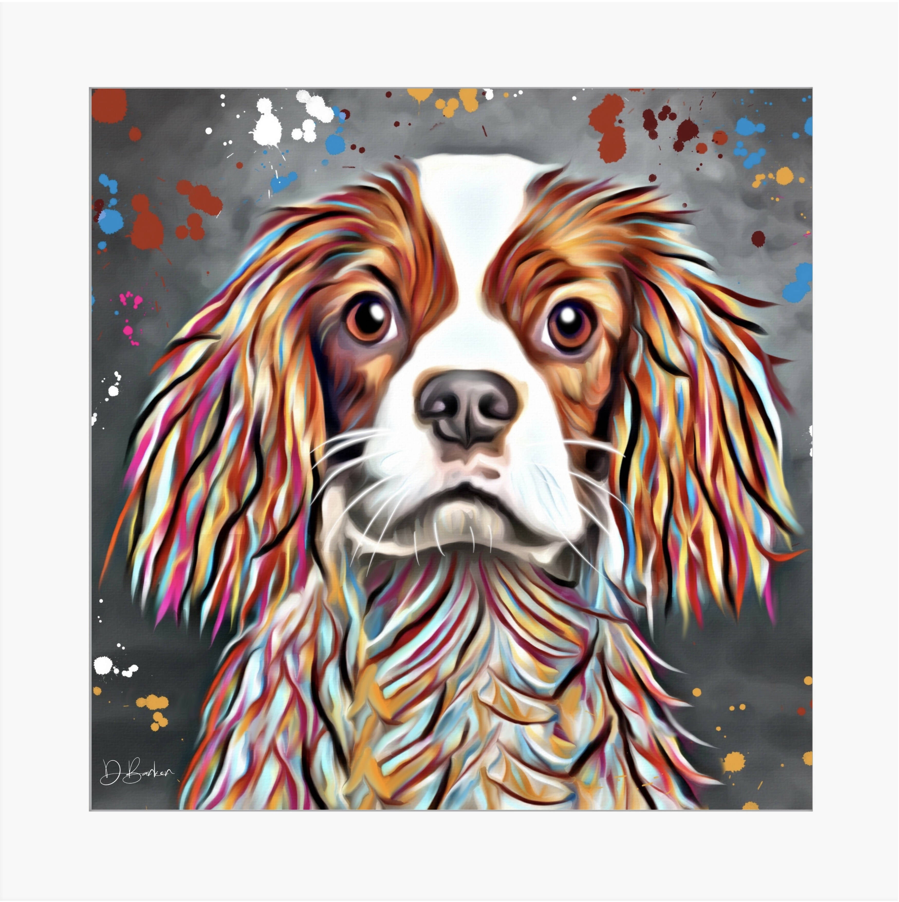 KING CHARLES SPANIEL DOG COLOUR SPLASH MOUNTED ARTWORK.