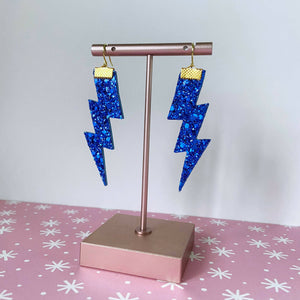 Flash Lightning Bolt Earrings in Blue Glitter