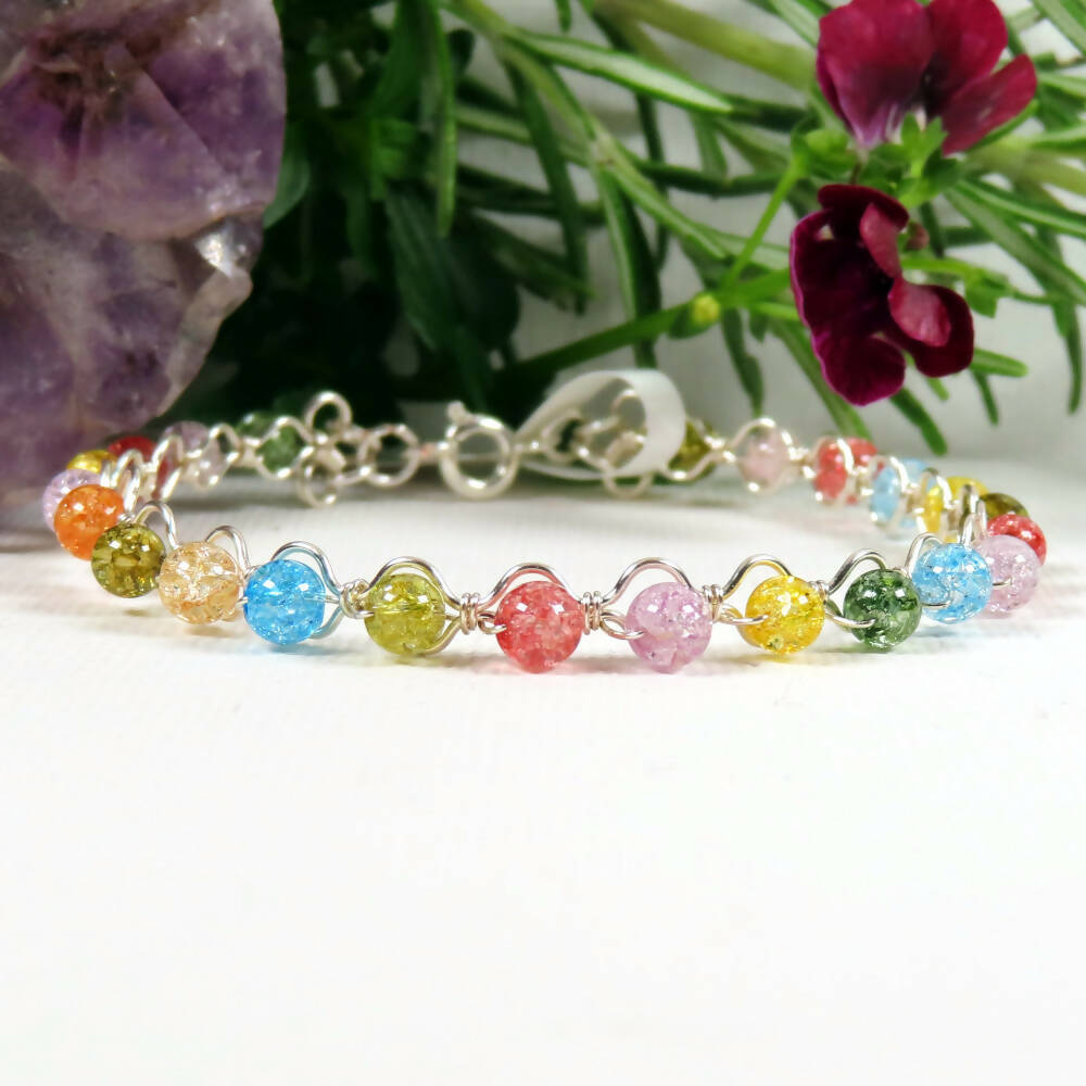 16cm Silver Plated Stacking Bracelet with 4mm Mixed Coloured Crackled Quartz