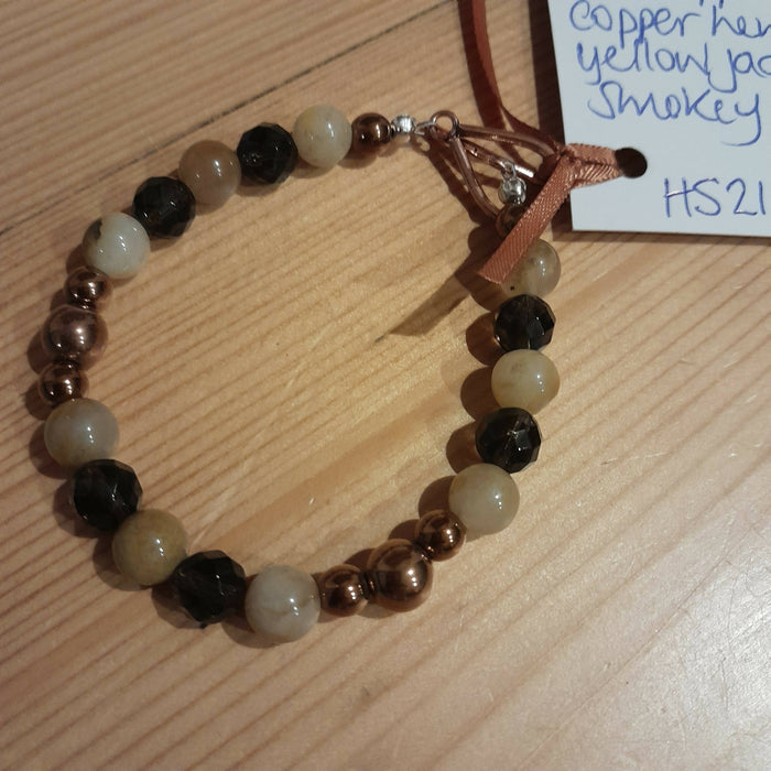 Pure Copper Toggle Clasp Bracelet with Copper Hematite, Aged Yellow Jade and Faceted Smokey Quartz