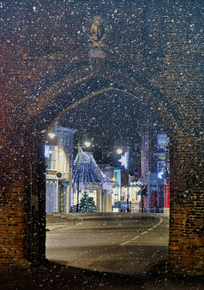 Beverley North Bar and Market Cross in the snow, Portrait