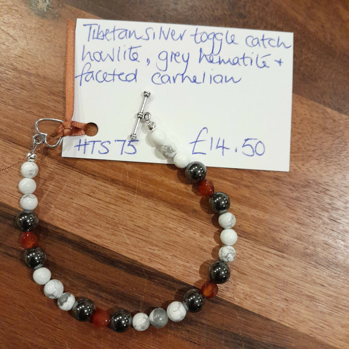 Tibetan Silver Toggle Catch Bracelet with Howlite, Grey Hematite and Faceted Carnelian