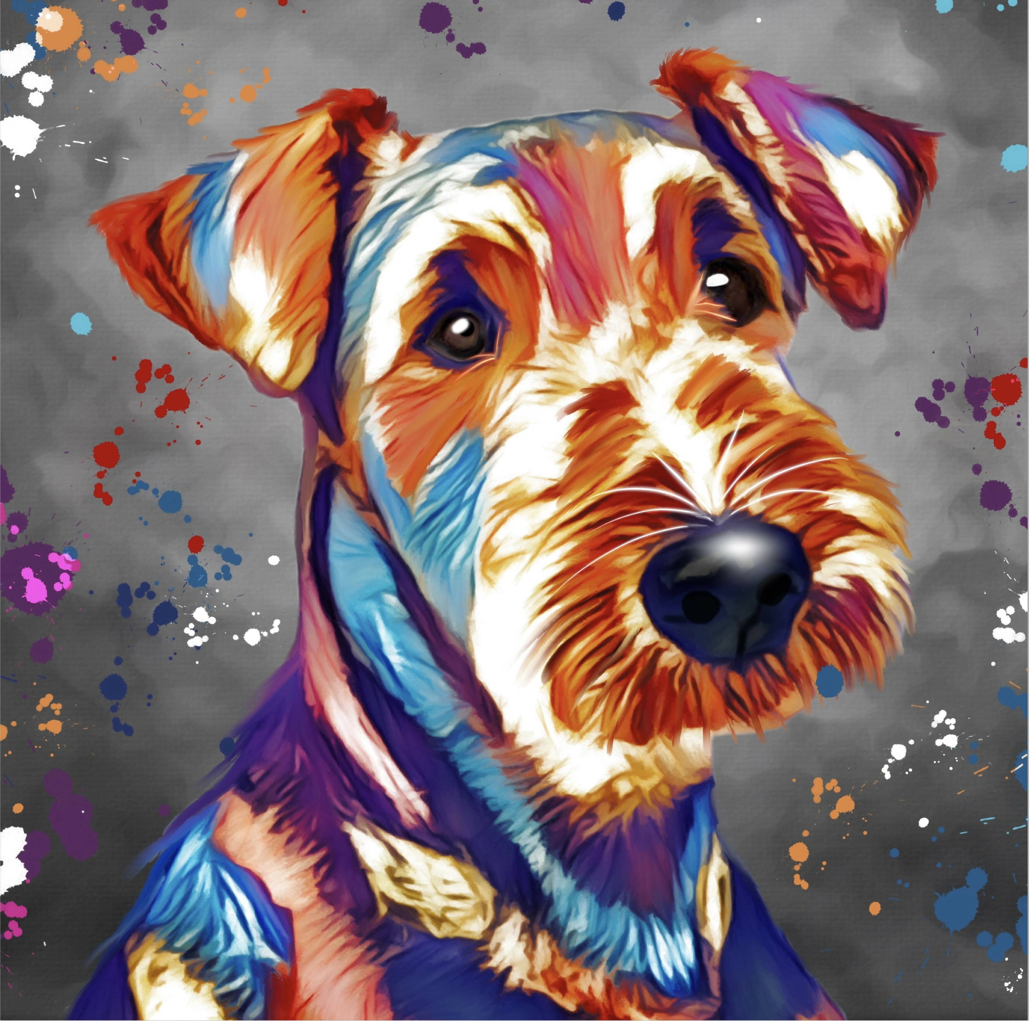 AIREDALE TERRIER DOG COLOUR SPLASH FRAMED ARTWORK.