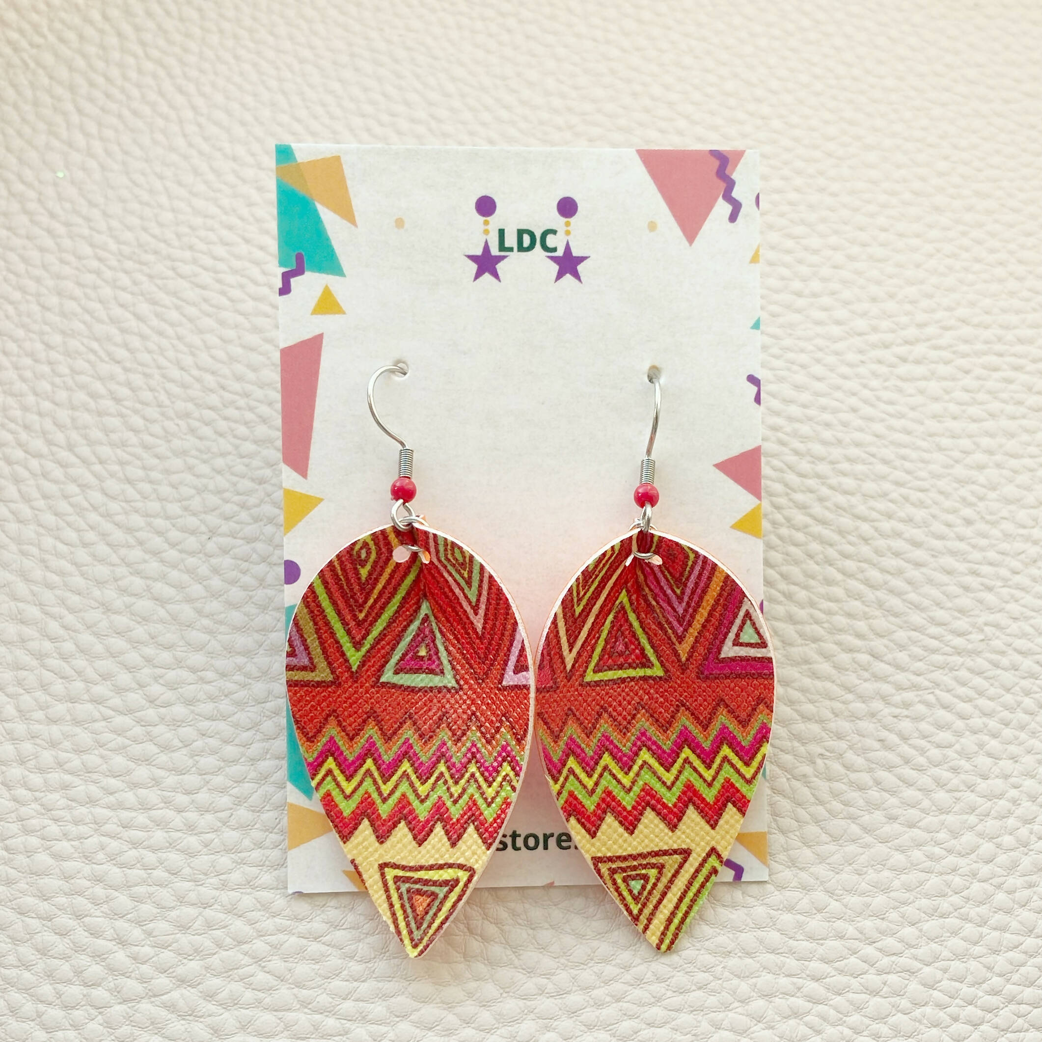 Red Aztec Print Pinched Leaf Earrings