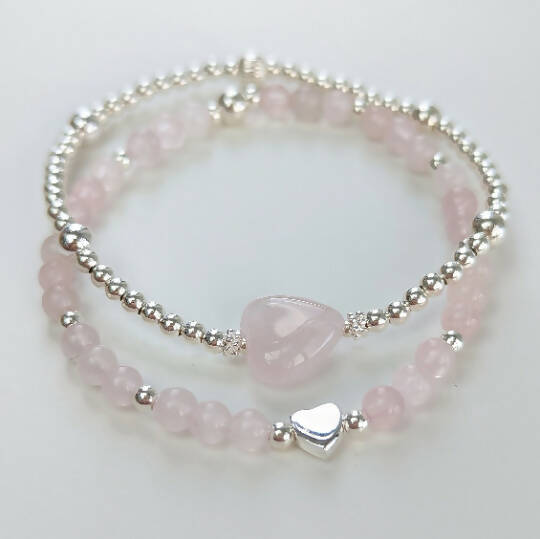 Sterling silver heart and rose quartz skinny bracelet - Handmade