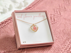 Pink Baby’s Breath Medium Heart Necklace Gold Plated