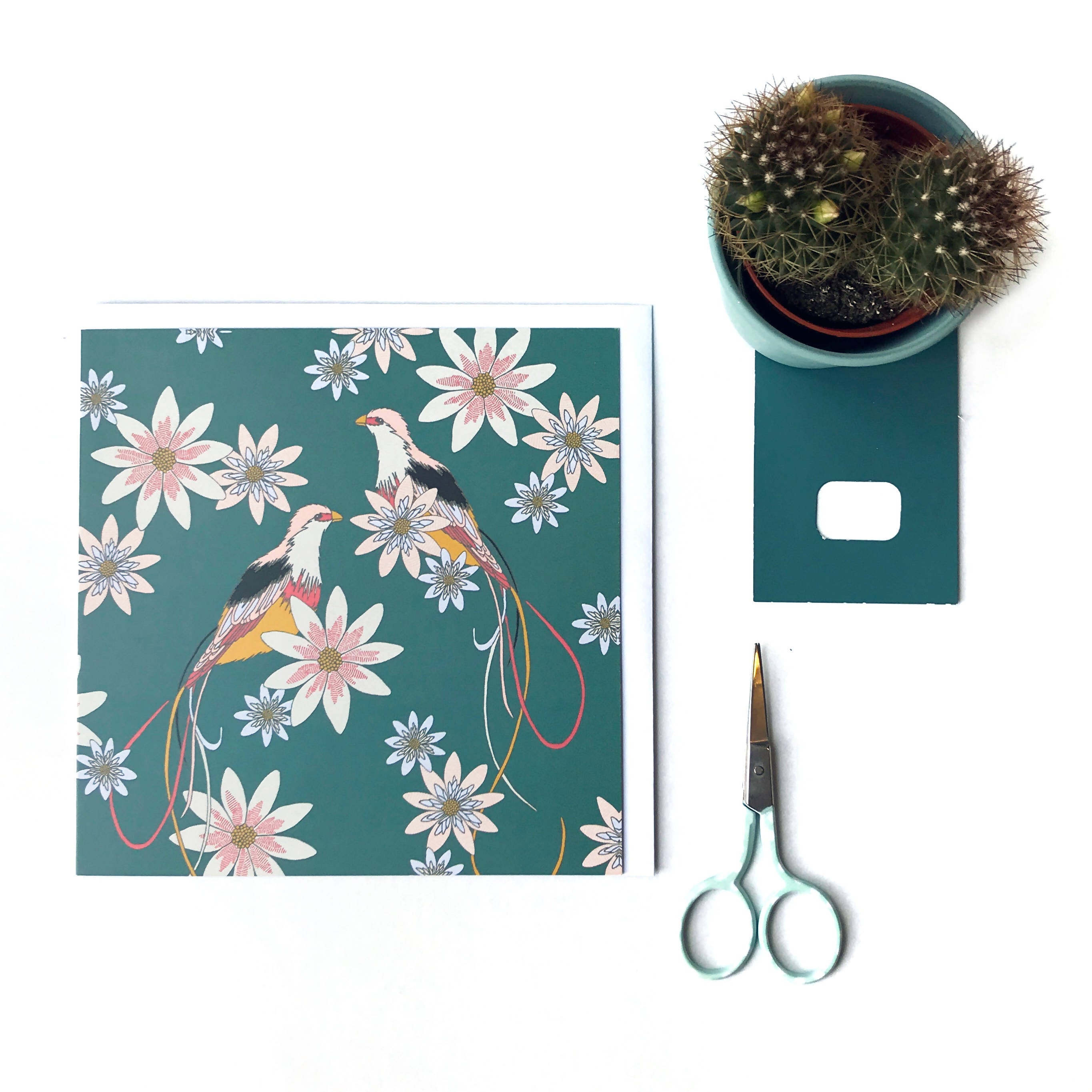 Pretty Turquoise Birds & Flowers Greetings Card