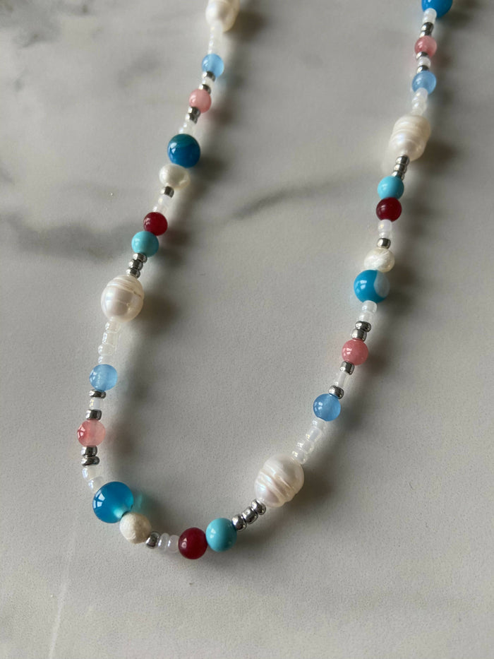 cherry pink and blue agate Gemstone necklace