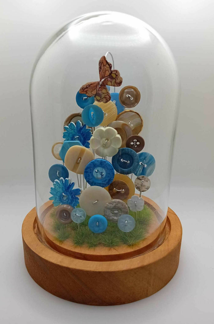 Pale blue and brown button garden glass cloche