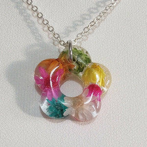 3D Flower Shaped Necklace with Multicolour Dried Flowers Silver Plated