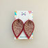 Red Brown Lace Print Pinched Leaf Shaped Earrings in Faux Leather