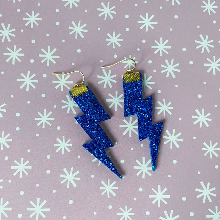 Flash Lightning Bolt Earrings in Blue Glitter