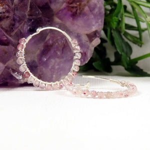 Micro Faceted Strawberry Quartz Sterling Silver 20mm Hoops