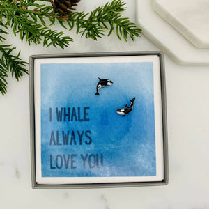 I whale always love you, Boxed jewellery quote card with earrings.