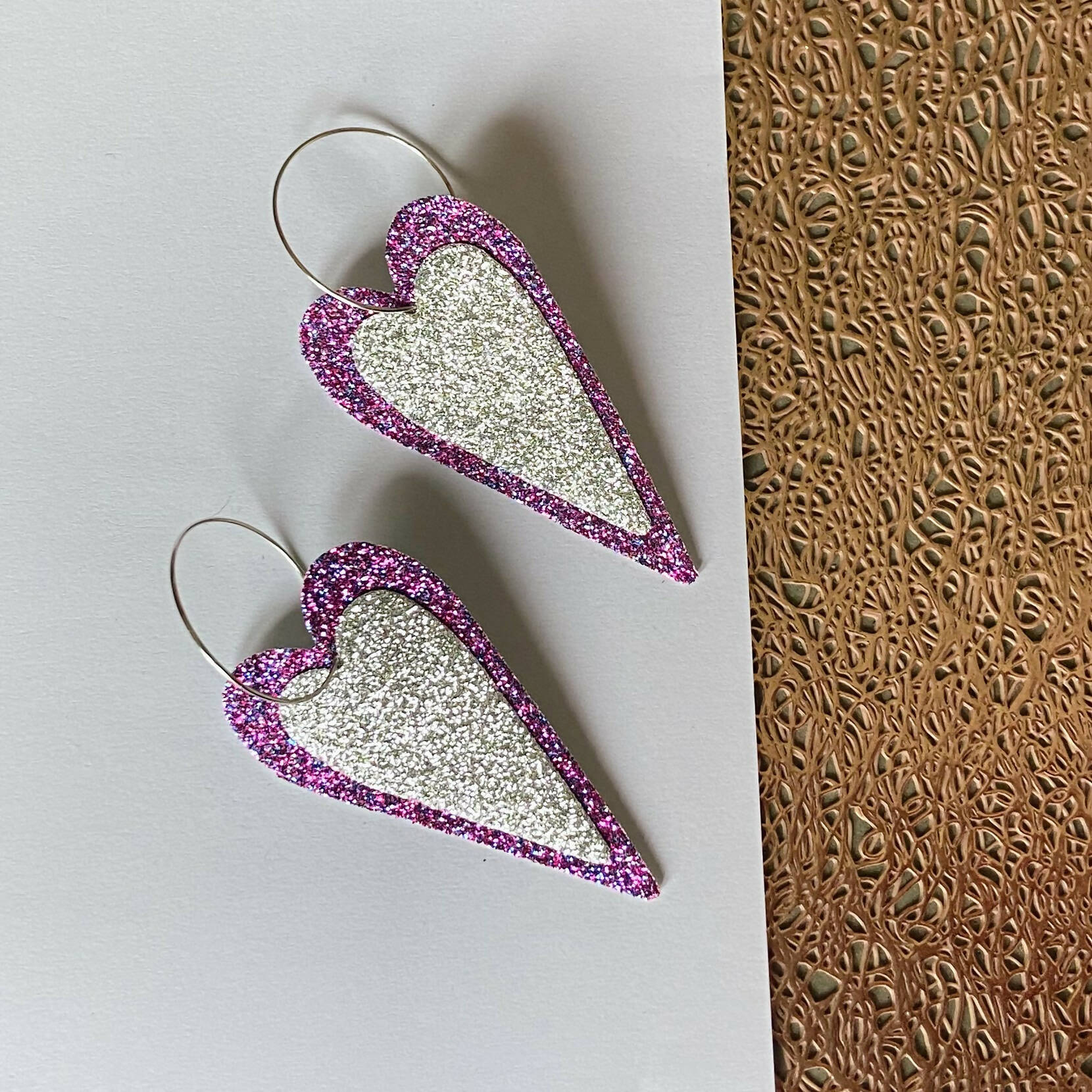 Statement Heart Earrings in Silver Glitter