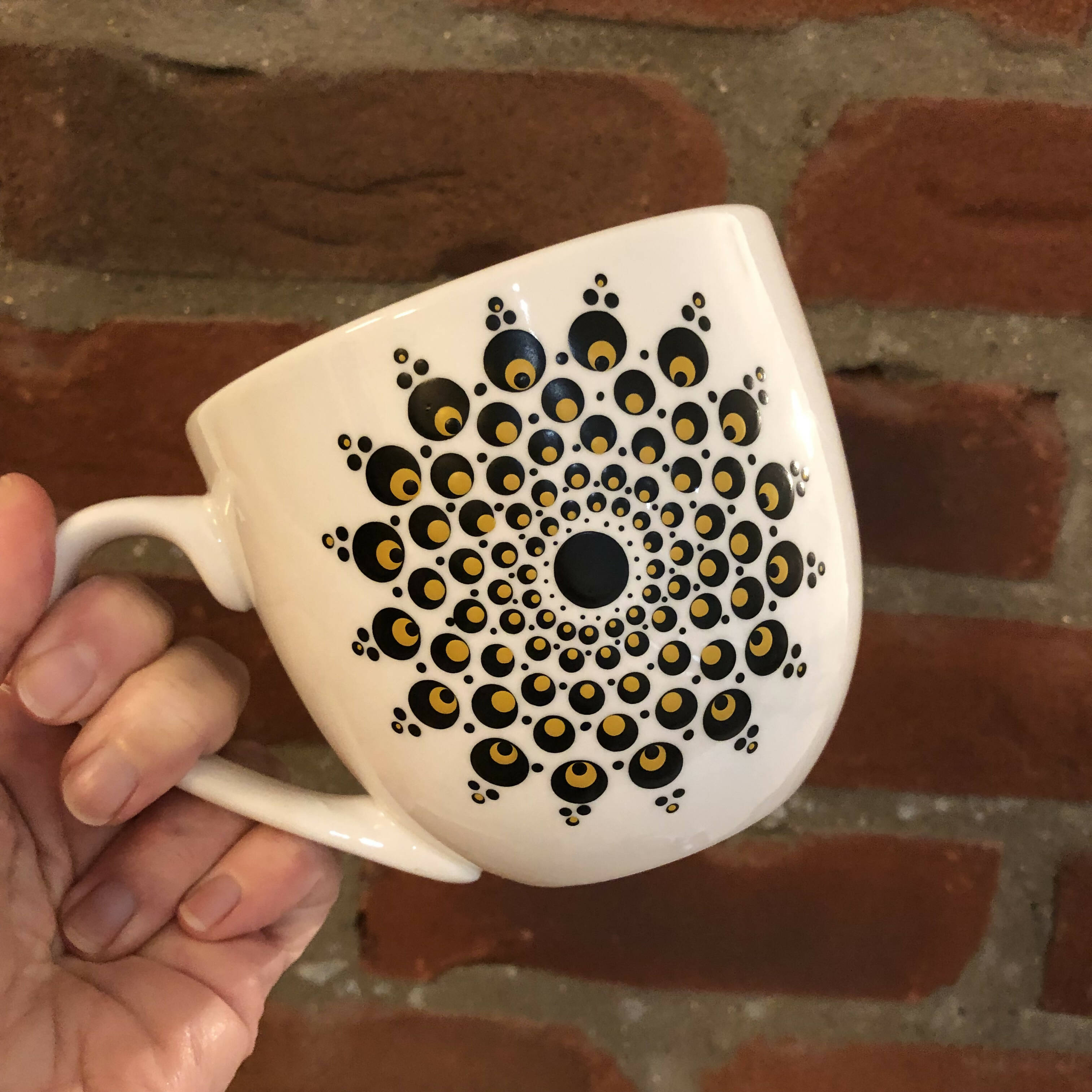 Hand Painted Dot Mandala Large Mug: Black and True Ochre