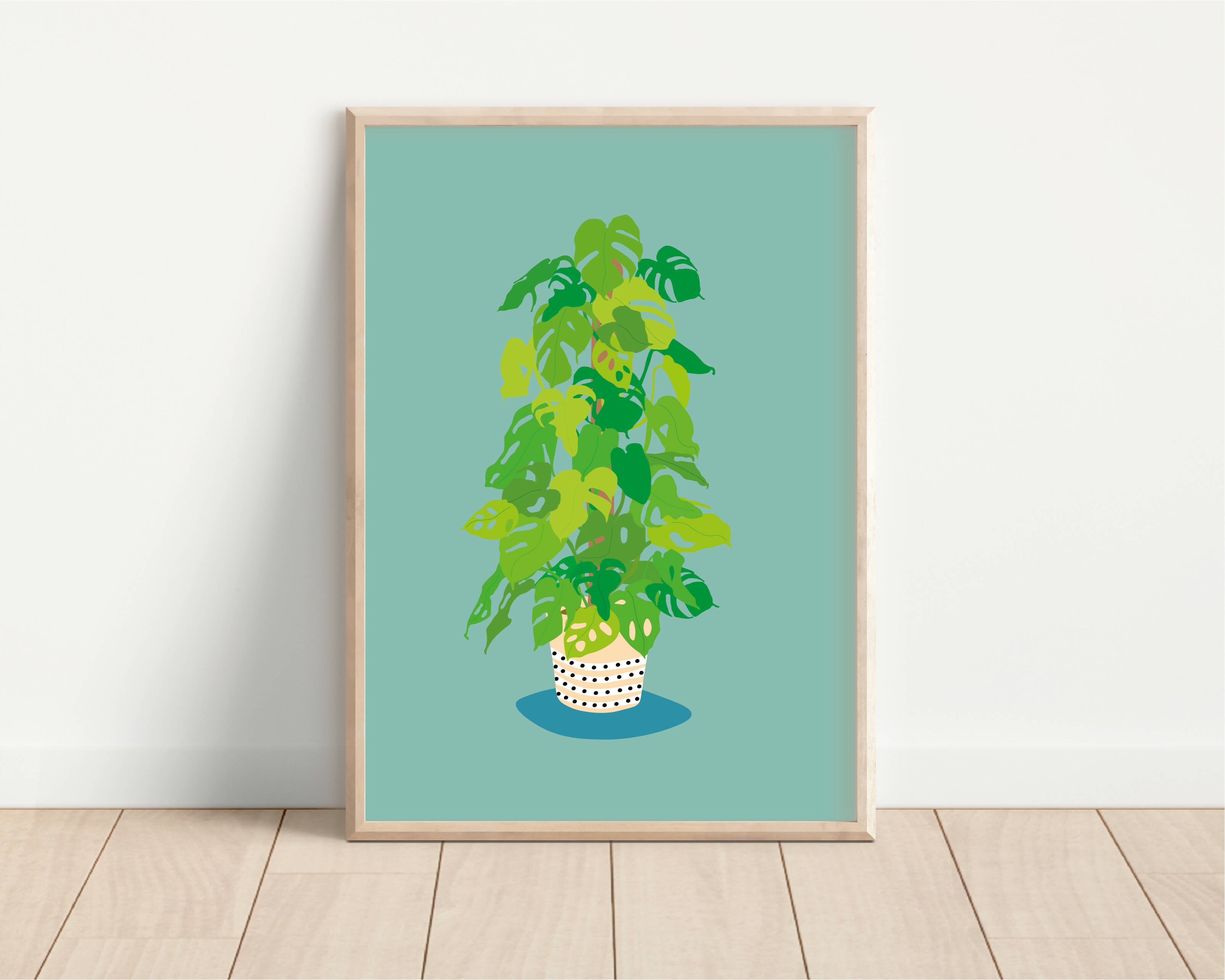 Potted Monstera Print Teal A4 Size