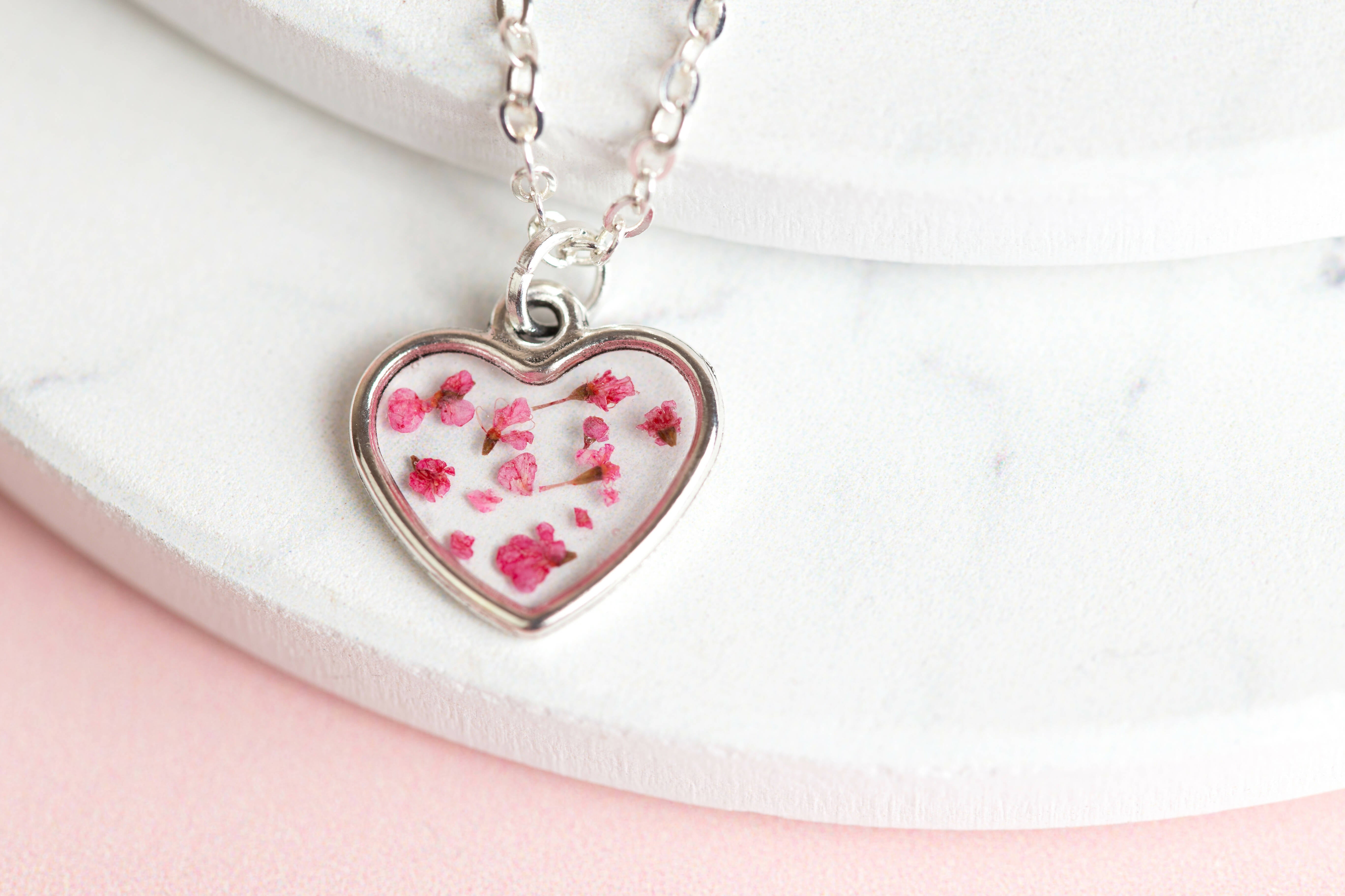 Pink Queen Anne’s Lace Tiny Heart Necklace Silver Plated