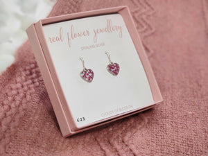 Pink Real Pressed Flower Tiny Heart Earrings Sterling Silver