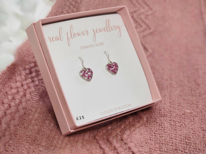 Pink Real Pressed Flower Tiny Heart Earrings Sterling Silver
