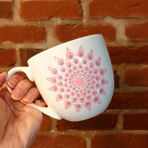 Hand painted Dot Mandala Large Mug: Baby Pink with Slate Grey