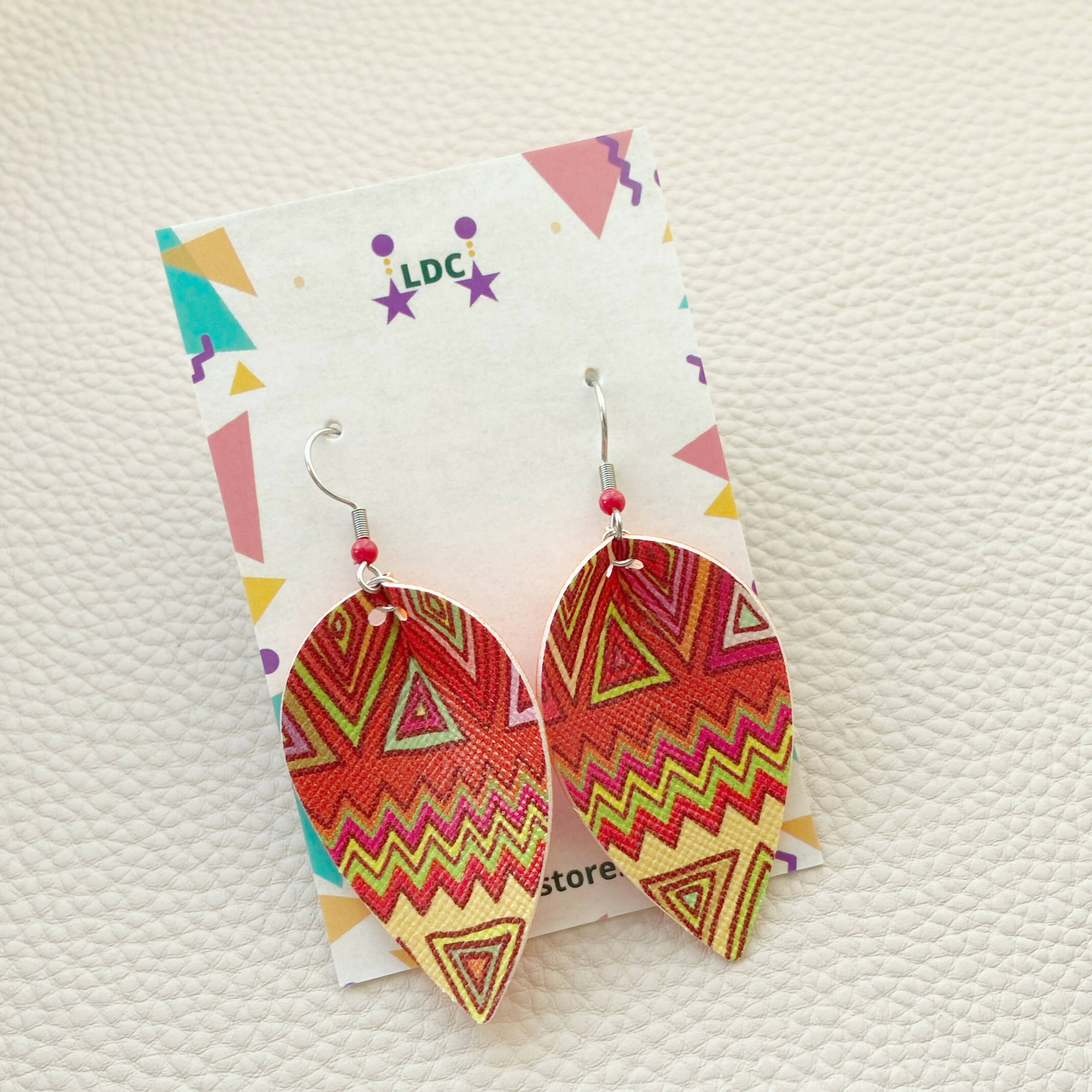 Red Aztec Print Pinched Leaf Earrings