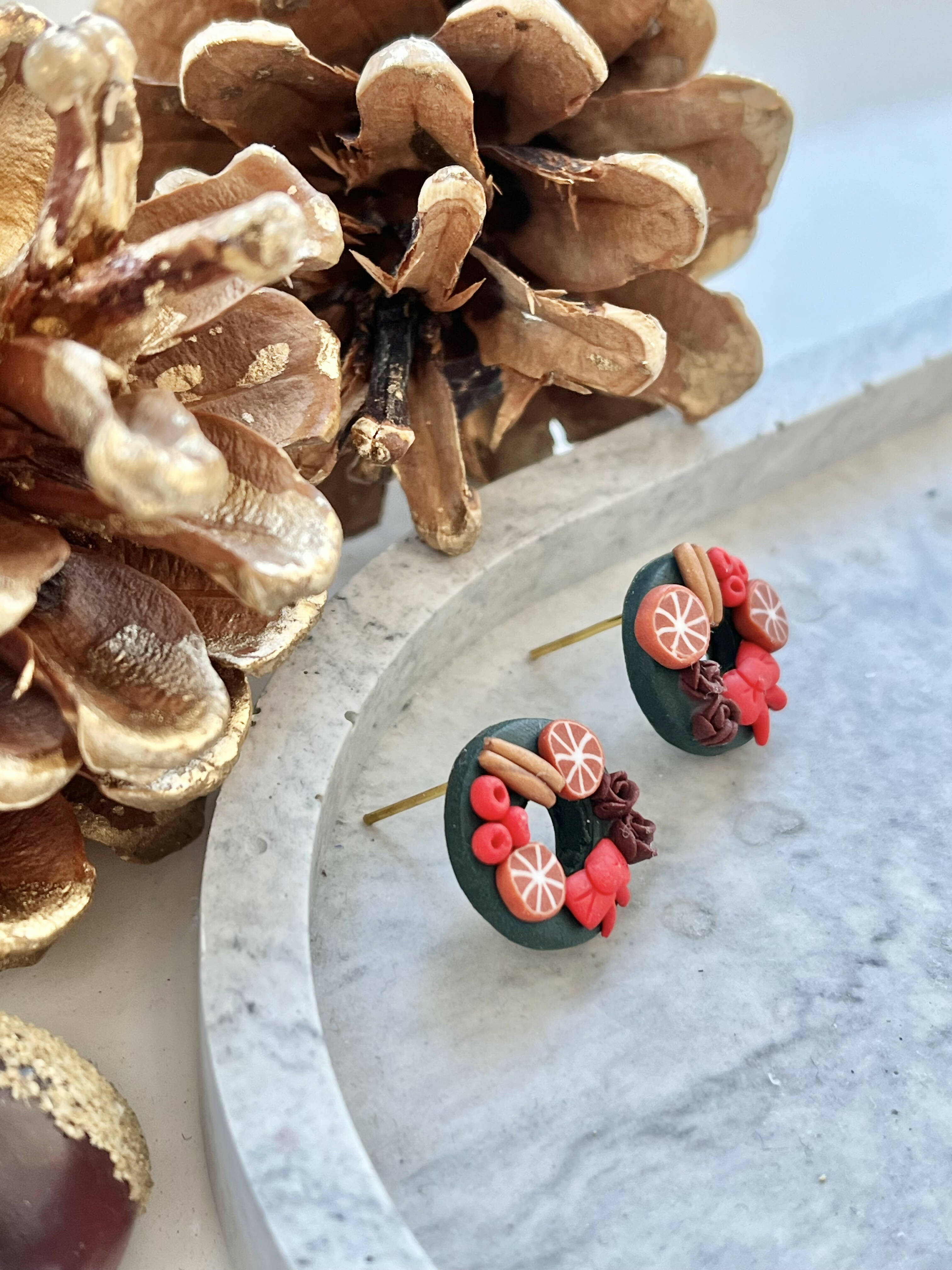 Christmas Wreath Studs - Handmade Polymer Clay Earrings