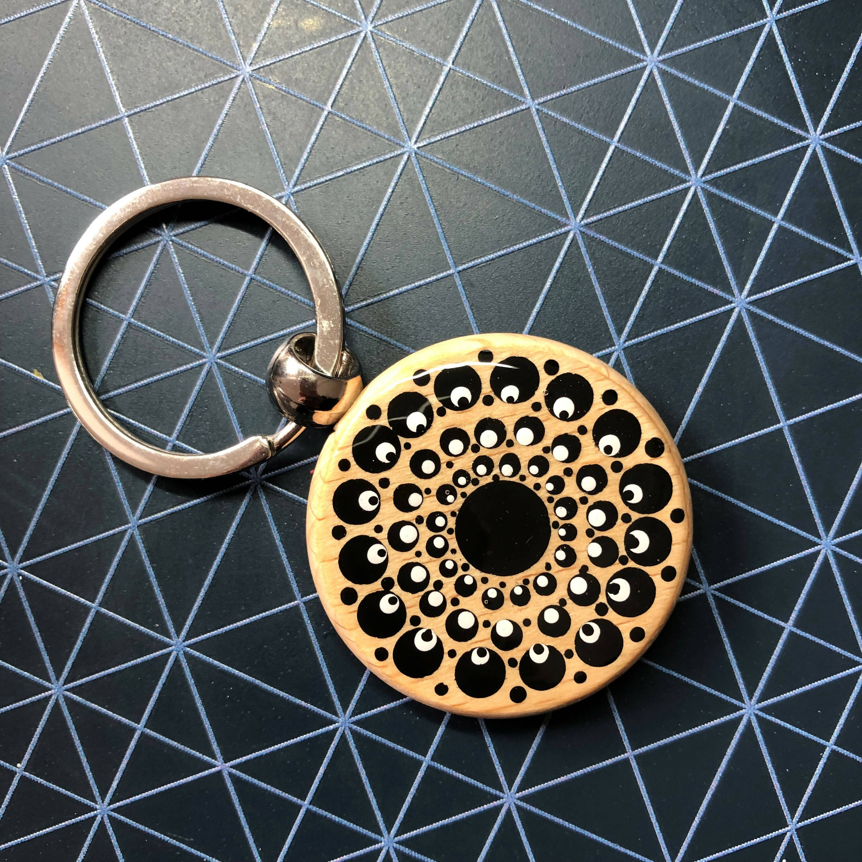 Hand Painted Dot Mandala Wooden Key Ring: Ebony Black with white