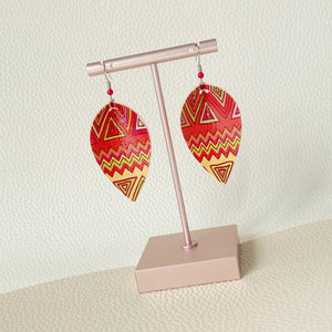 Red Aztec Print Pinched Leaf Earrings
