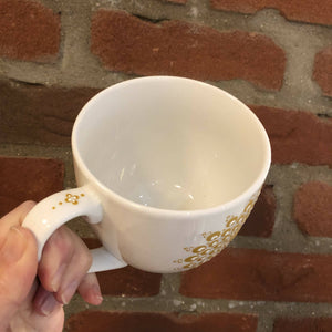 Hand painted dot mandala large mug: True Ochre and white
