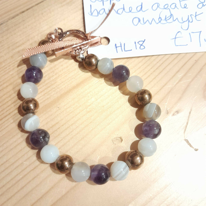 Pure Copper Toggle Clasp Bracelet with Copper Hematite, Grey Banded Agate and Amethyst