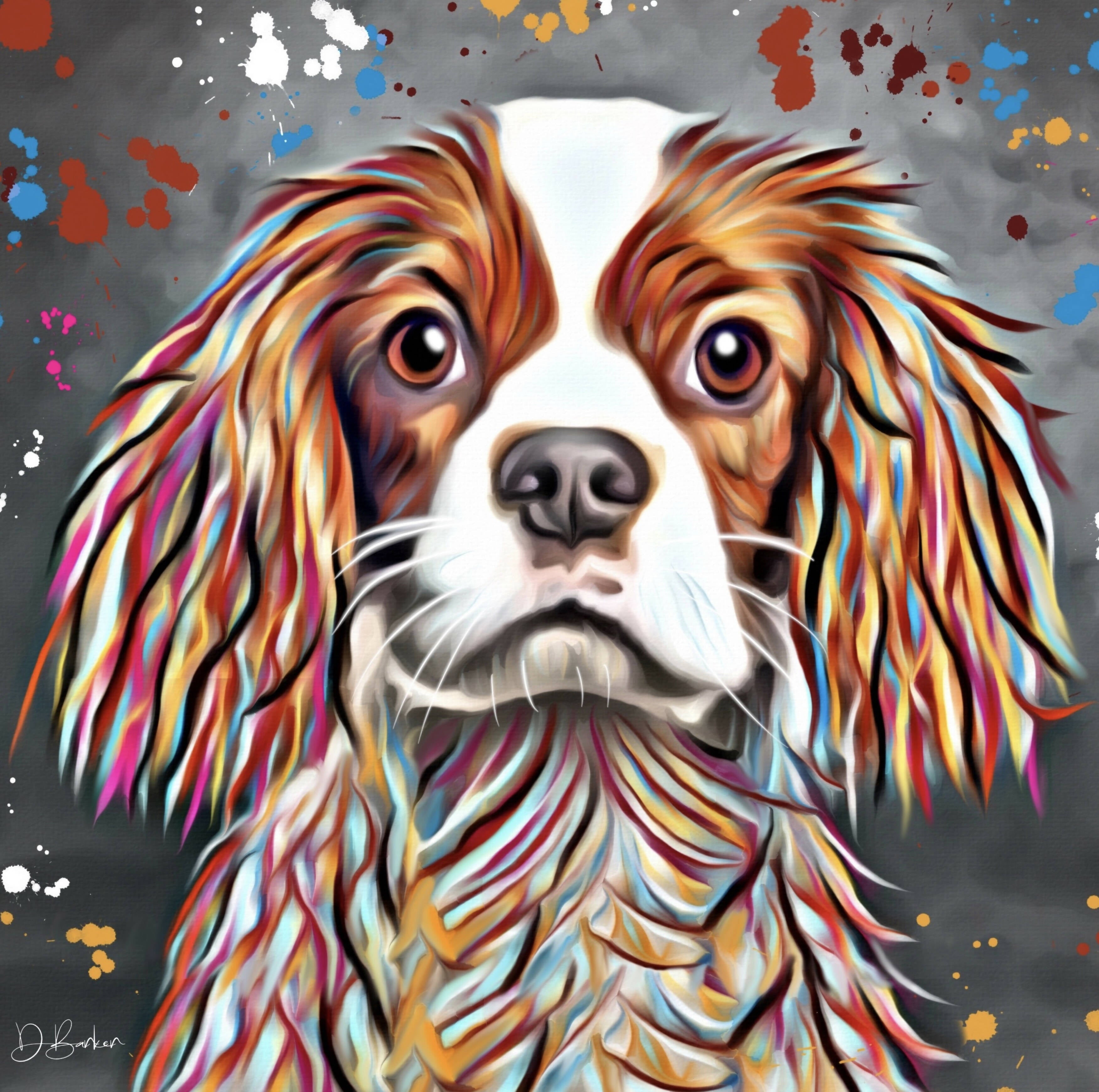 KING CHARLES SPANIEL DOG COLOUR SPLASH MOUNTED ARTWORK.