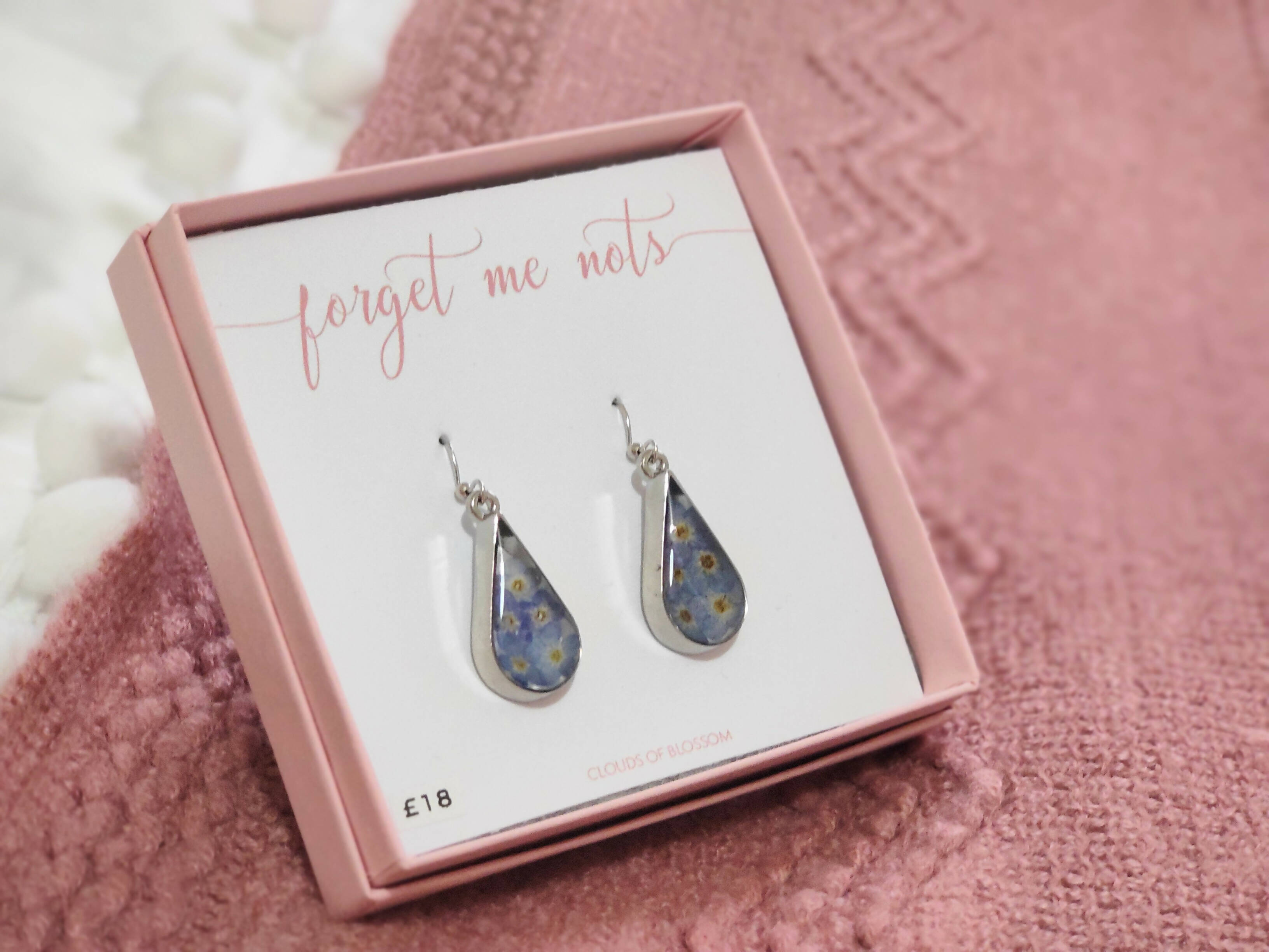 Forget Me Not Deep Teardrop Earrings Silver Plated