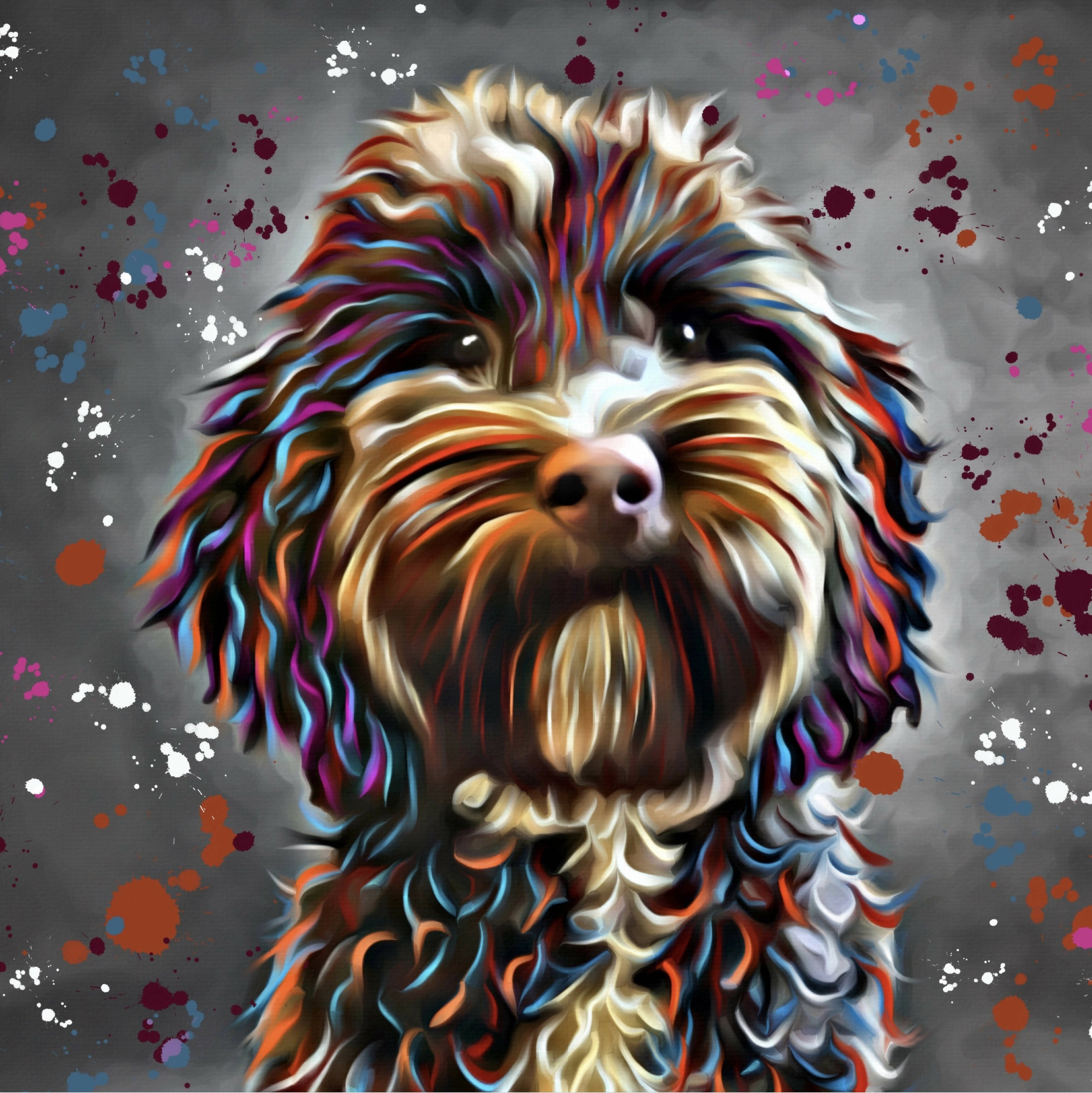 LABRADOODLE DOG COLOUR SPLASH FRAMED ARTWORK.