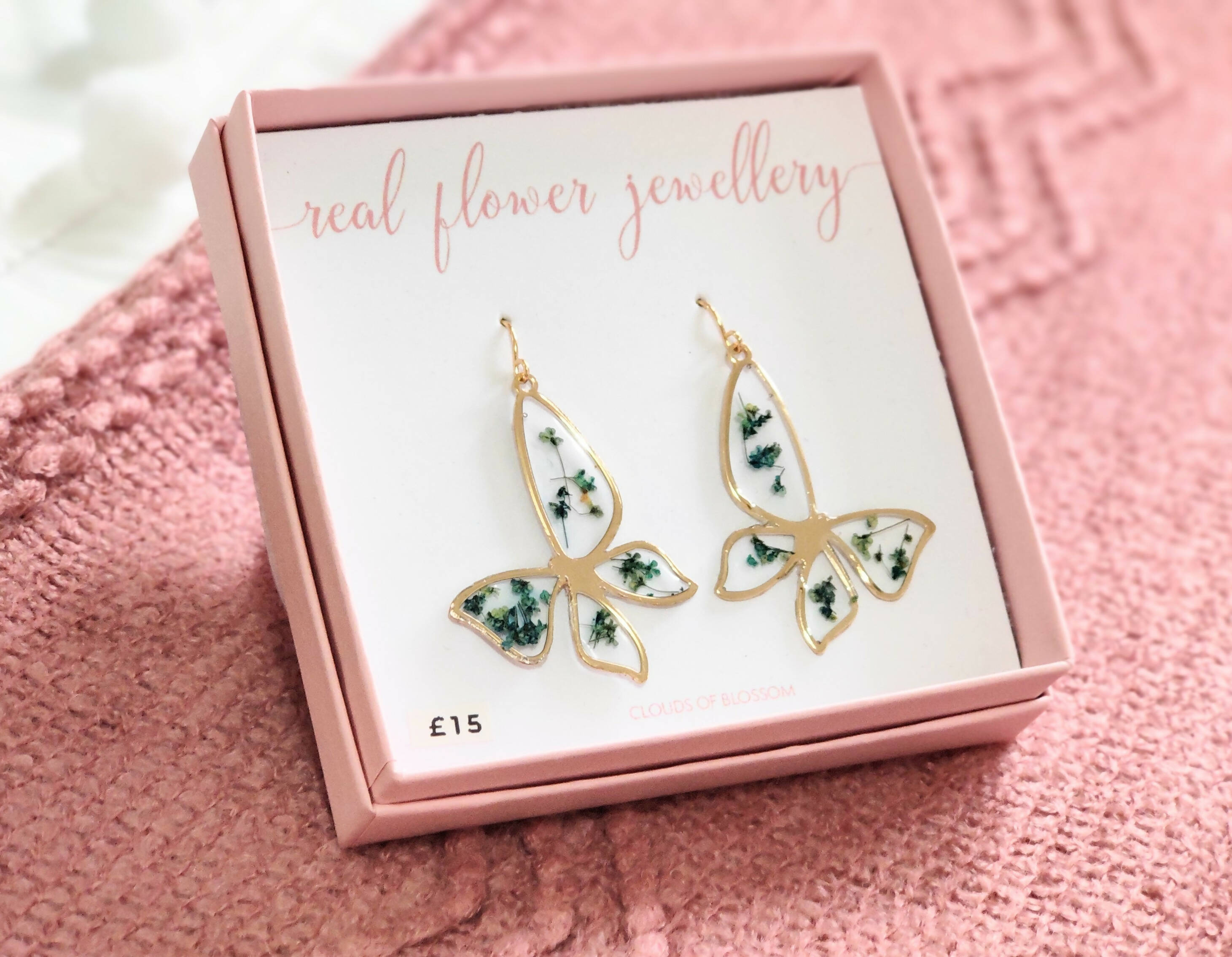 Real Flower Big Butterfly Earrings Gold Plated