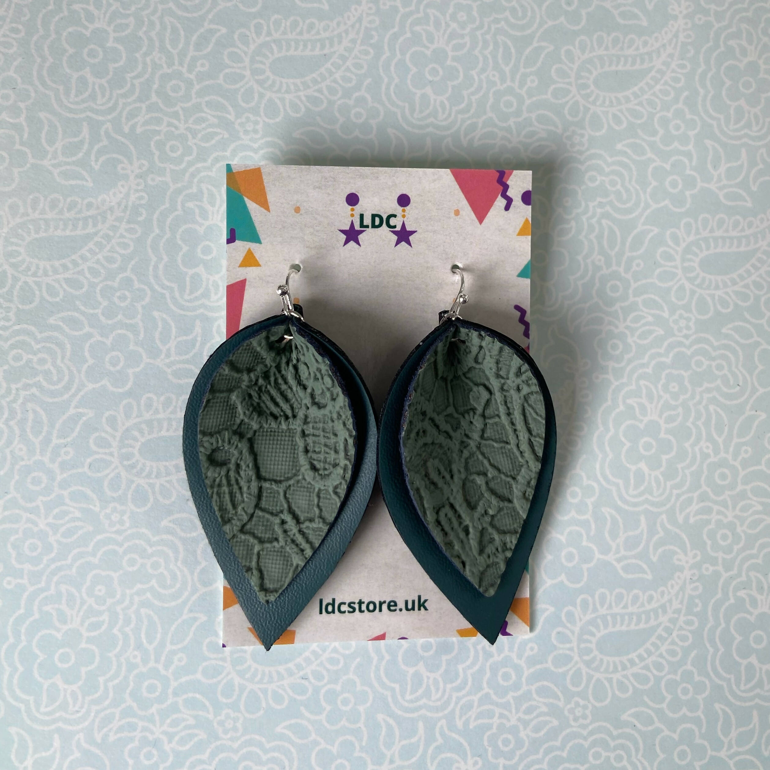 Green Lace Print Pinched Leaf Shaped Earrings in Faux Leather