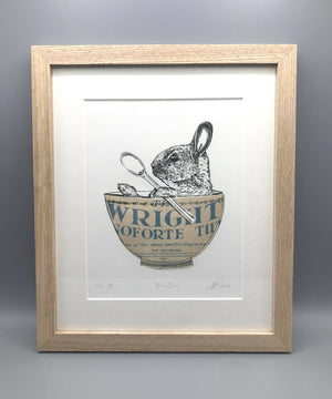 Bunny Bowl (7/15)- Limited edition dry point print with chine colle applied vintage music