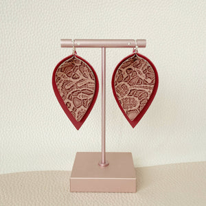 Red Brown Lace Print Pinched Leaf Shaped Earrings in Faux Leather