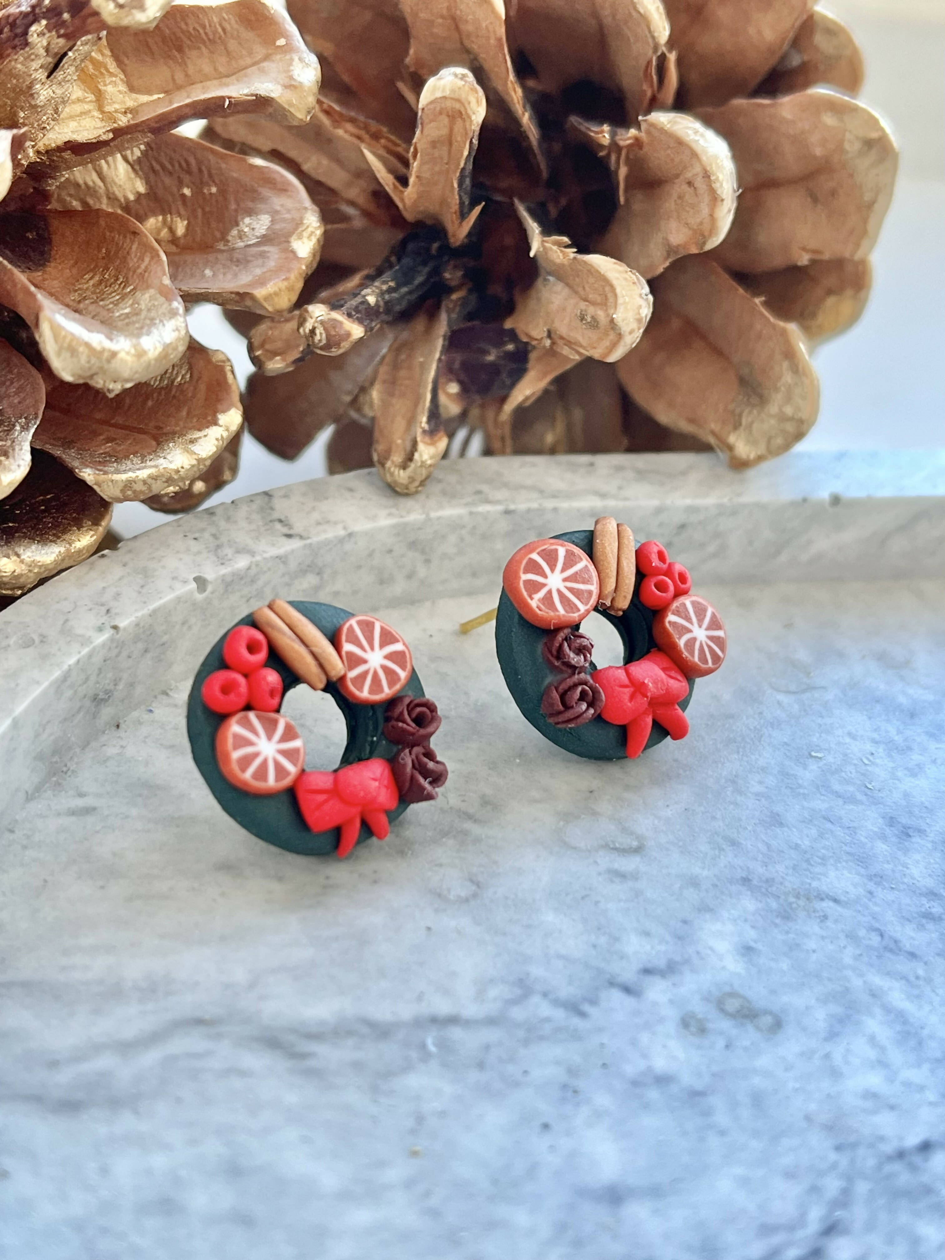 Christmas Wreath Studs - Handmade Polymer Clay Earrings