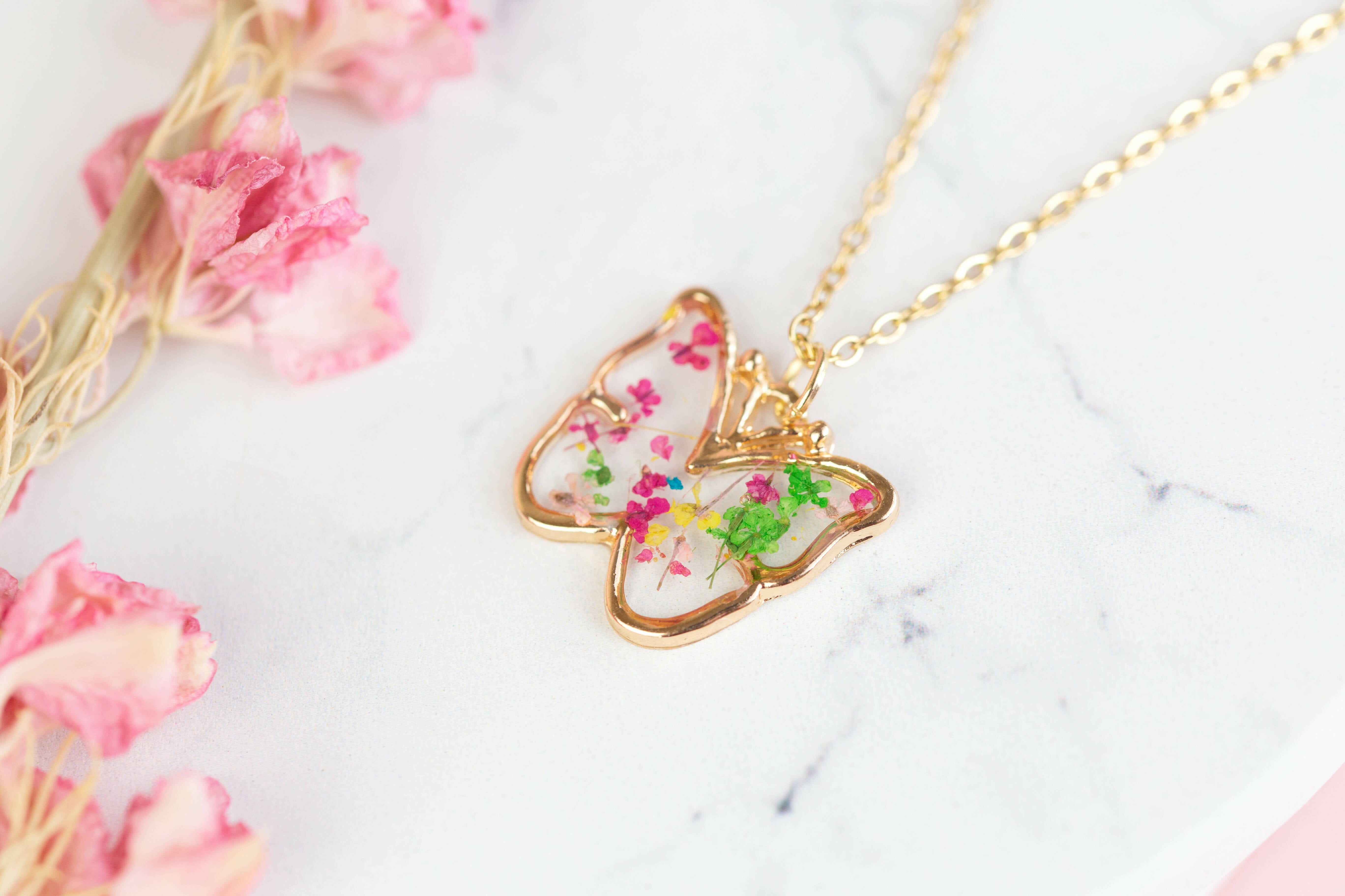 Small Real Flower Multicolour Butterfly Necklace Gold Plated