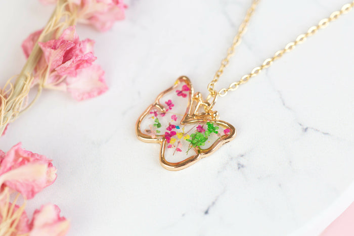 Small Real Flower Multicolour Butterfly Necklace Gold Plated