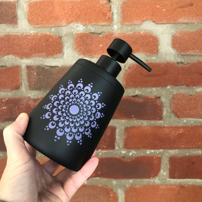 Hand Painted Dot Mandala Boho Soap Dispenser: Purple Hydrangea with black