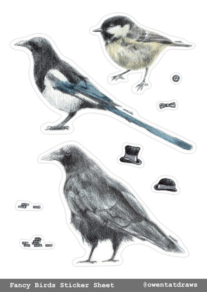 A6 Fancy Birds with Hats Sticker Sheet | feat. Carrion crow, Magpie, Coal tit | Biro-pen & Watercolour Drawings