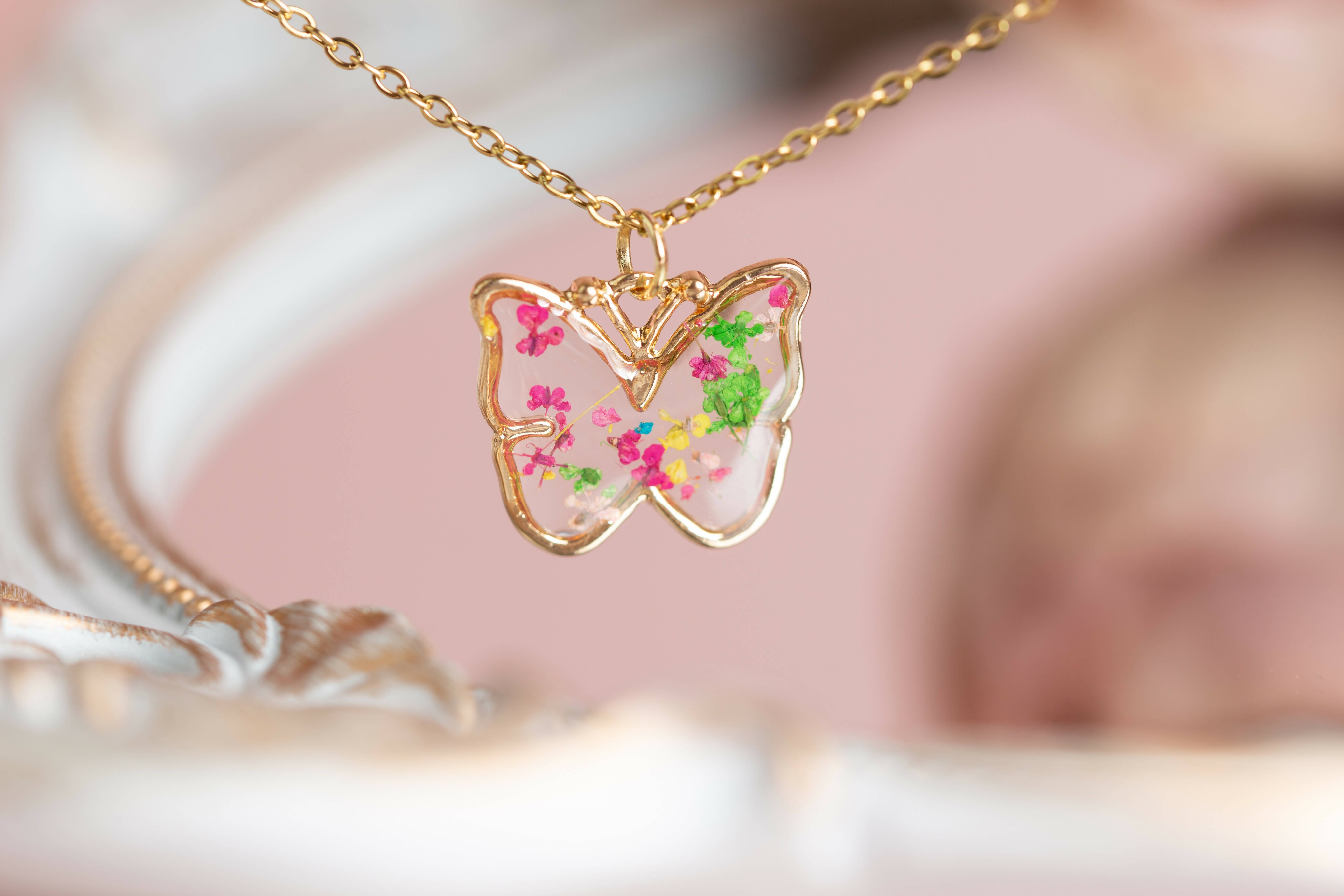 Small Real Flower Multicolour Butterfly Necklace Gold Plated