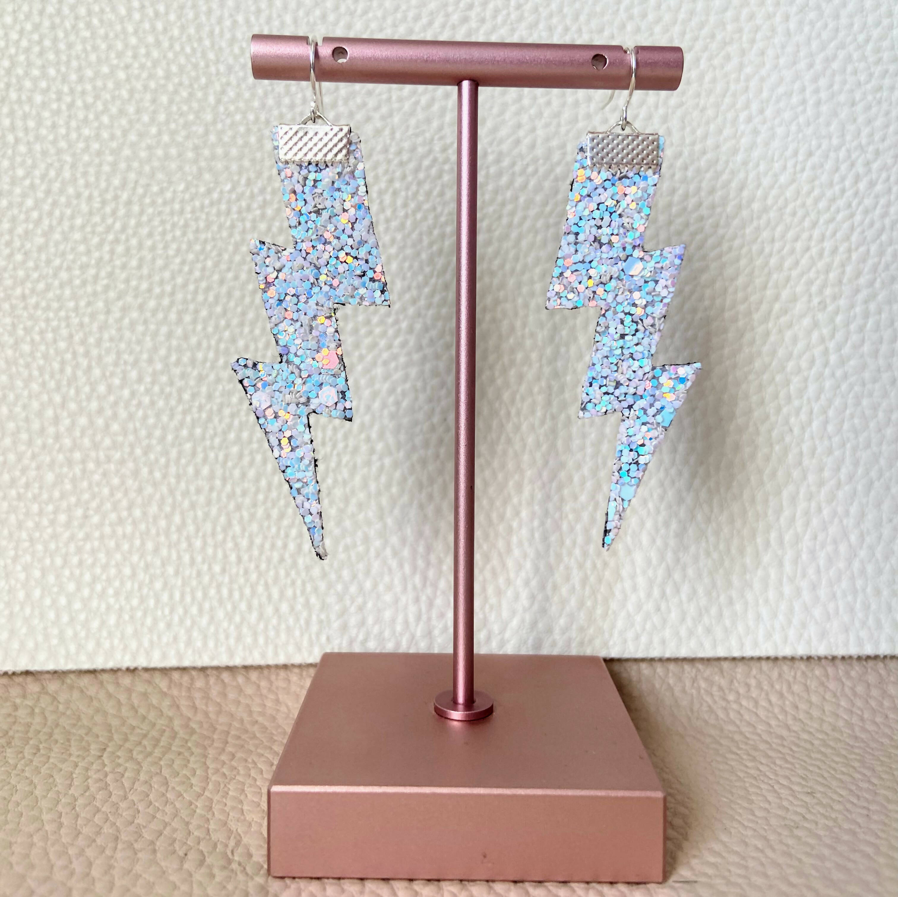 Flash Lightning Bolt Earrings in White Confetti Glitter