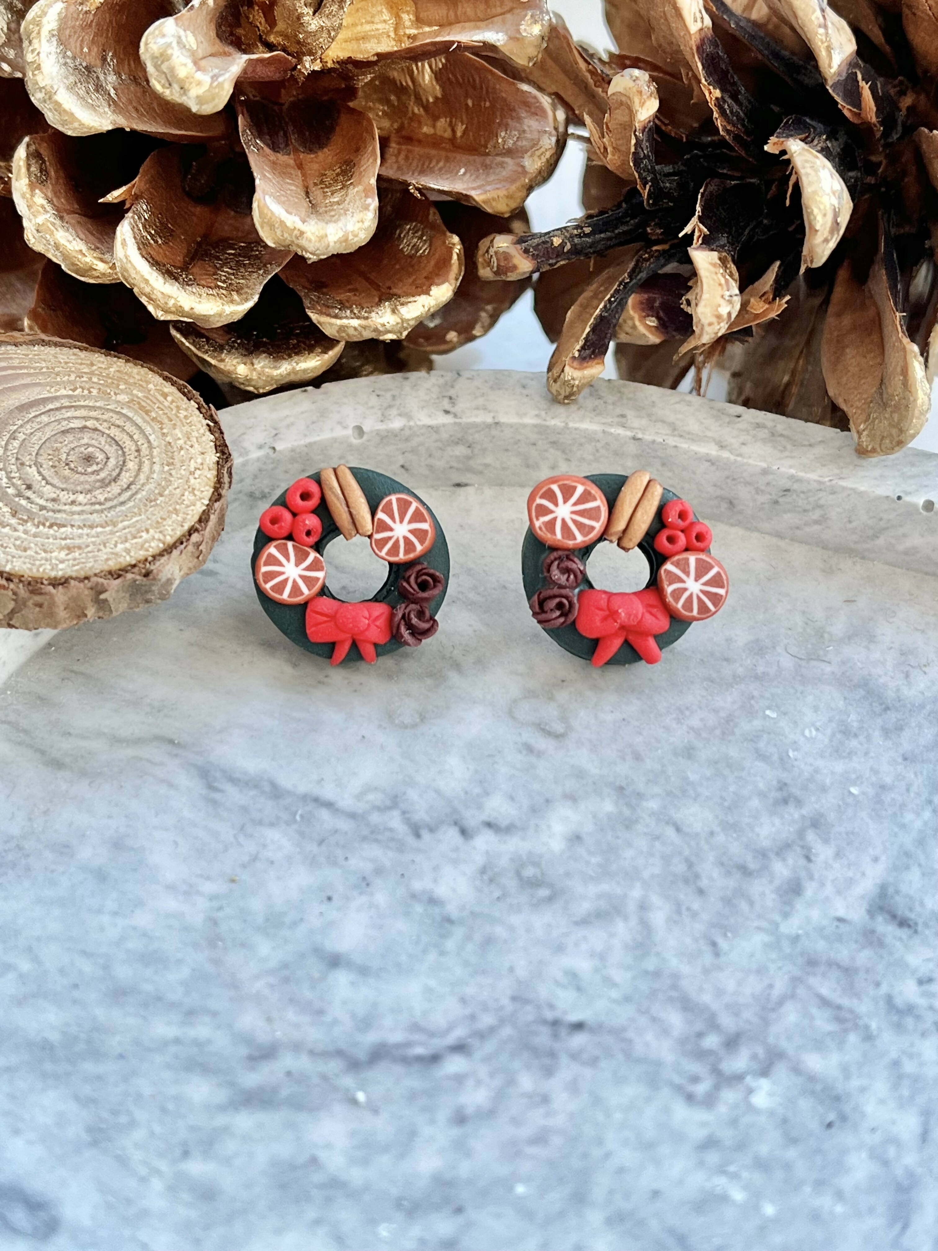 Christmas Wreath Studs - Handmade Polymer Clay Earrings