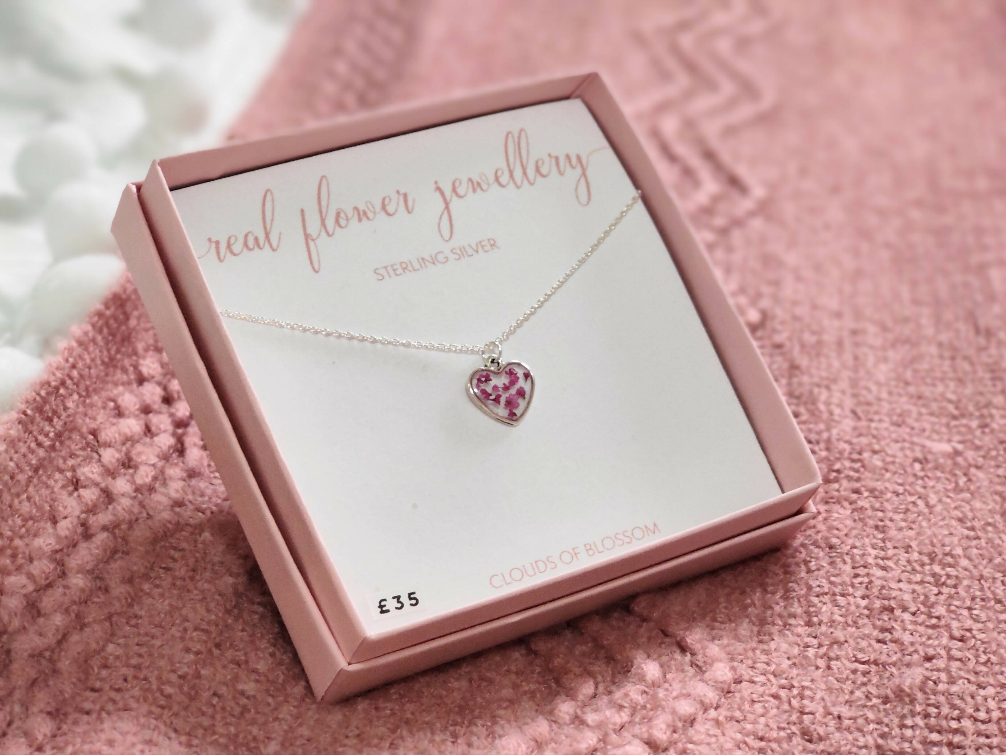 Pink Real Pressed Flower Tiny Heart Necklace Sterling Silver