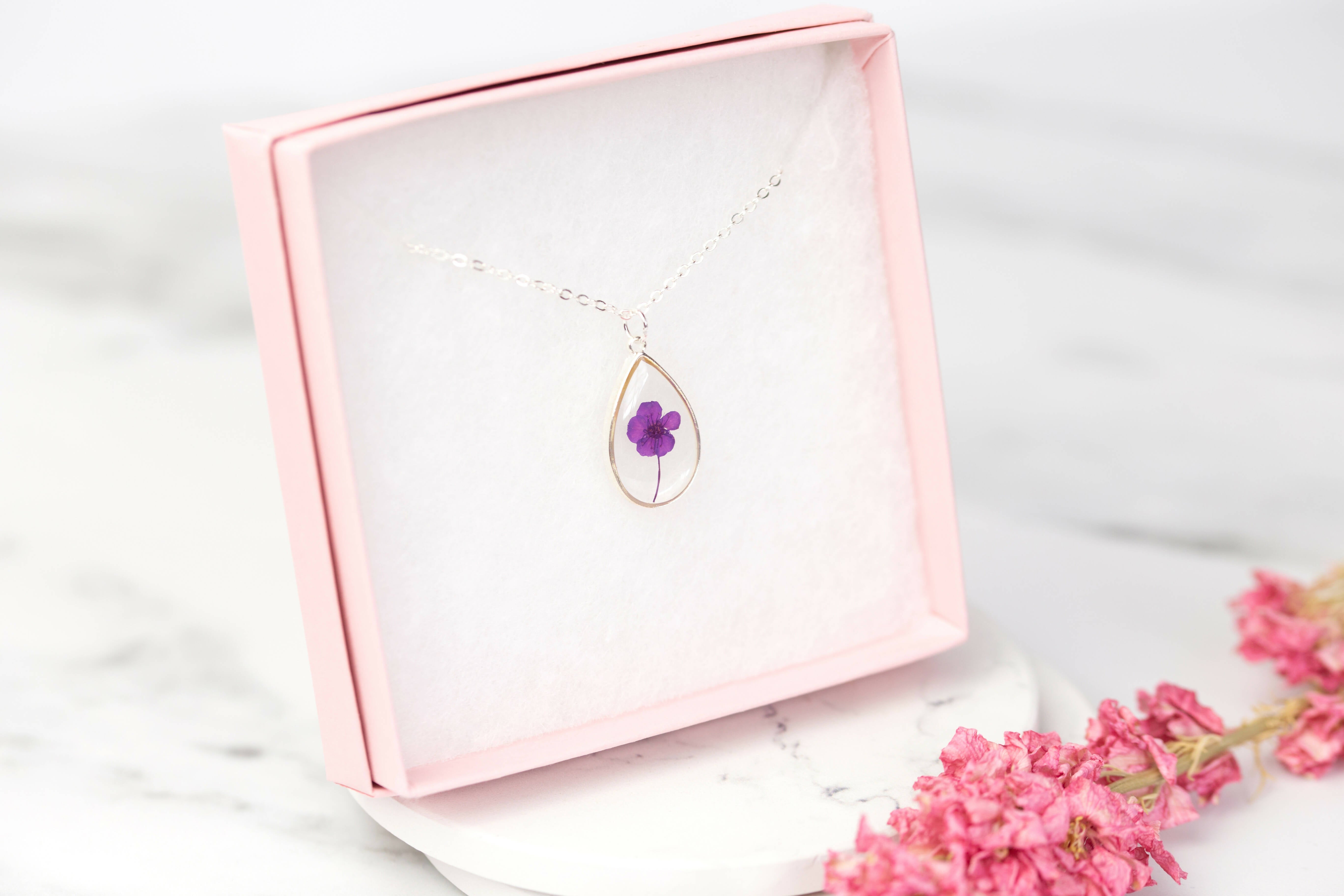 Purple Baby’s Breath Teardrop Necklace Silver Plated