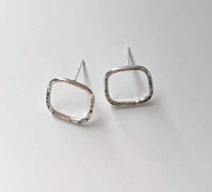 Organic open square hammered sterling silver studs - Handmade